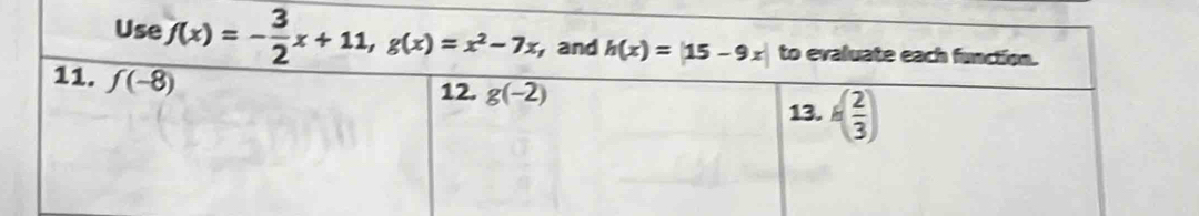 Use f(x)=- 3/2 x+11,g(x)=x^2-7x