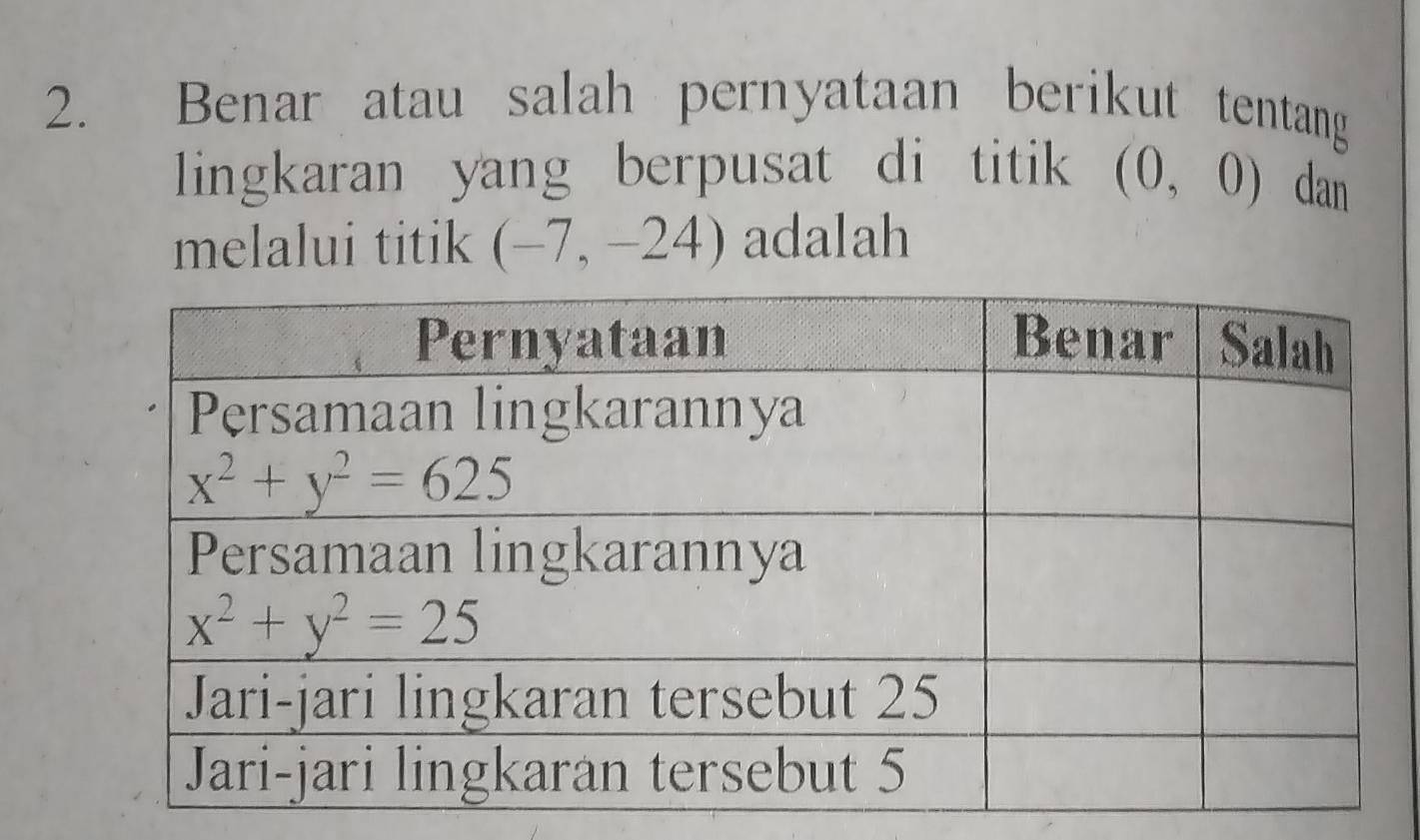 Benar atau salah pernyataan berikut tentang
lingkaran yang berpusat di titik (0,0) dan
melalui titik (-7,-24) adalah