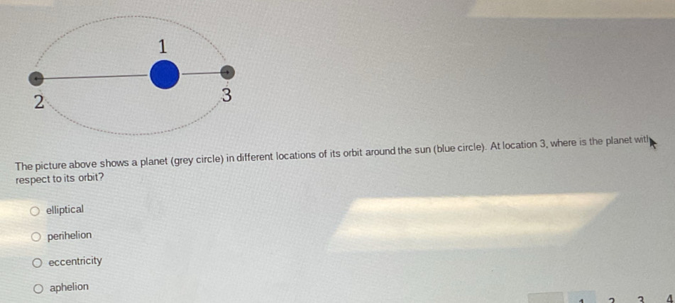 The picture above shows a planet (grey circle) in different locations of its orbit around the sun (blue circle). At location 3, where is the planet with
respect to its orbit?
elliptical
perihelion
eccentricity
aphelion
2 4