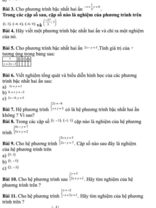 Cho phương trình bậc nhất hai ần -x+ 1/3 y=6
Trong các cặp số sau, cặp số nào là nghiệm của phương trình trên
(t;3endpmatrix ,(-4;6),(-6;0)y_2( (-17)/3 ;1)
Bài 4. Hãy viết một phương trình bậc nhất hai ần và chỉ ra một nghiệm
của nó.
Bài 5. Cho phương trình bậc nhất hai ần 2x-y=3.Tính giá trị của
tương ứng trong bảng sau:
Bài 6. Viết nghiệm tổng quát và biểu diễn hình học của các phương
trình bậc nhất hai ân sau:
a) 3x+y=1
b) 0.x+y=-2
c) 2x-0.y=5
Bài 7. Hệ phương trình beginarrayl 2x=-4 x+y=3endarray. có là hệ phương trình bậc nhất hai ần
không ? Vì sao?
Bài 8. Trong các cặp số (t;-3),(-1;3) cặp nào là nghiệm của hc phương
trình beginarrayl 4x-y=7 5x+y=2endarray.
Bài 9. Cho hệ phương trình beginarrayl 3x+y=3 2x-y=7endarray.. Cặp số nào sau đây là nghiệm
của hệ phương trình trên
a) (5,1)
b) (1;-5)
c) (2,-3)
Bài 10. Cho hệ phương trình sau beginarrayl y=3 2x+y=1endarray.. Hãy tìm nghiệm của hệ
phương trình trên ?
Bài 11. Cho hệ phương trình beginarrayl x=-2 -x+3y=1endarray.. Hãy tìm nghiệm của hệ phương
trình trên ?
1.4