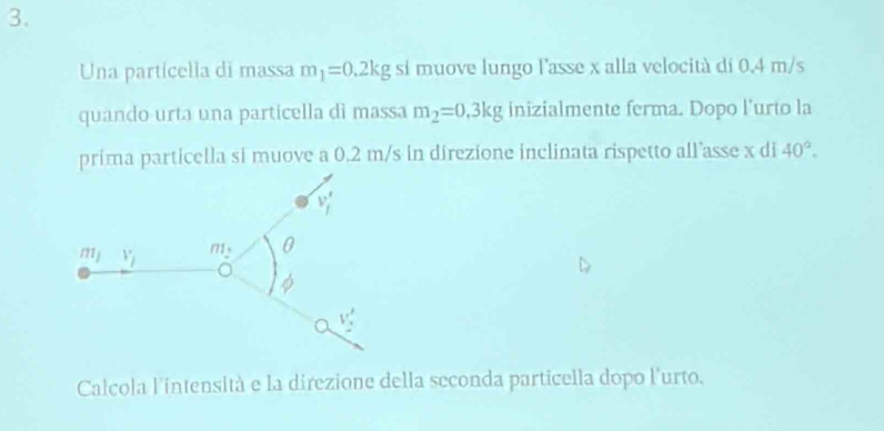 Una partícella di massa m_1=0.2kg si muove lungo l'asse x alla velocità dí 0,4 m/s
quando urta una particella di massa m_2=0,3kg inizialmente ferma. Dopo l'urto la
prima particella si muove a 0.2 m/s ln direzíone inclinata rispetto all’asse x di 40°.
Calcola l'intensità e la direzione della seconda particella dopo l'urto.