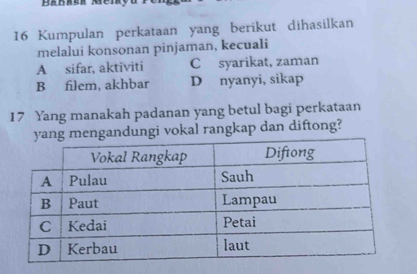 Kumpulan perkataan yang berikut dihasilkan
melalui konsonan pinjaman, kecuali
A sifar, aktiviti C syarikat, zaman
B filem, akhbar D nyanyi, sikap
17 Yang manakah padanan yang betul bagi perkataan
andungi vokal rangkap dan diftong?