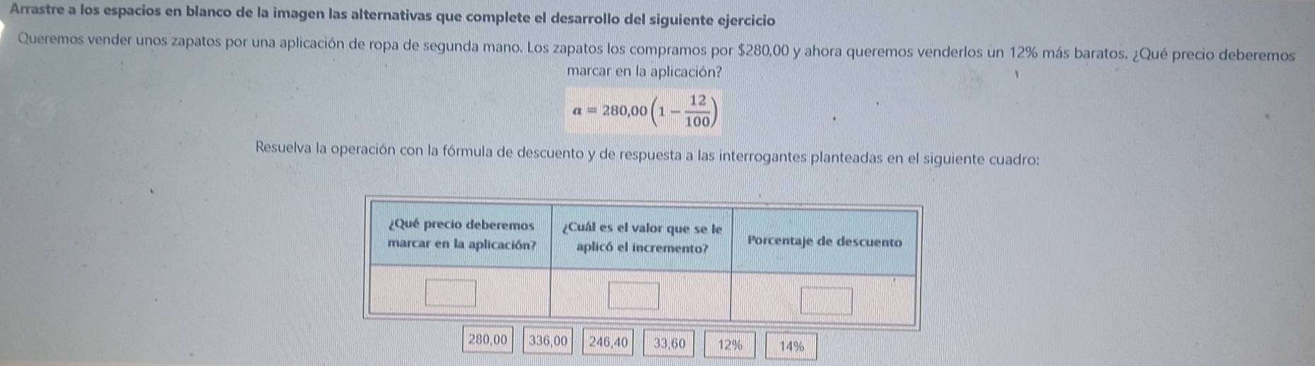 Arrastre a los espacios en blanco de la imagen las alternativas que complete el desarrollo del siguiente ejercicio 
Queremos vender unos zapatos por una aplicación de ropa de segunda mano. Los zapatos los compramos por $280,00 y ahora queremos venderlos un 12% más baratos. ¿Qué precio deberemos 
marcar en la aplicación?
a=280,00(1- 12/100 )
Resuelva la operación con la fórmula de descuento y de respuesta a las interrogantes planteadas en el siguiente cuadro:
280,00 336,00 246,40 33,60 12% 14%