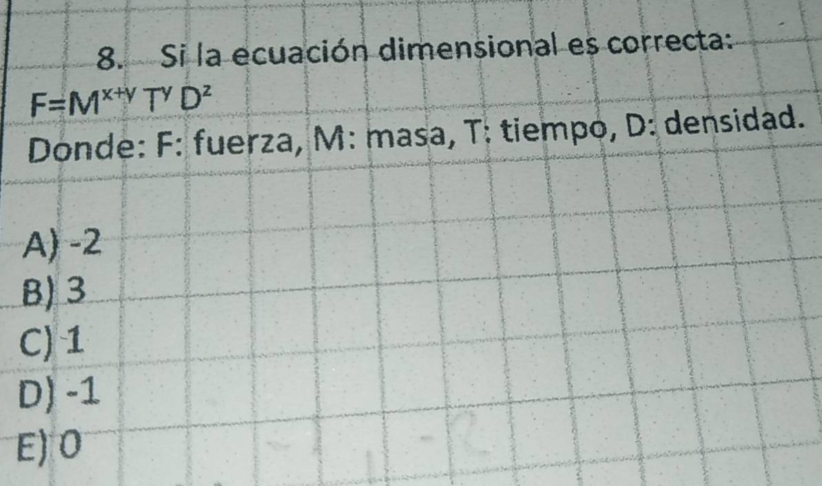 Si la ecuación dimensional es correcta:
F=M^(x+y)T^yD^z
Donde: F : fuerza, M : masa, T: tiempo, D: densidad.
A) -2
B) 3
C) 1
D) -1
E) 0