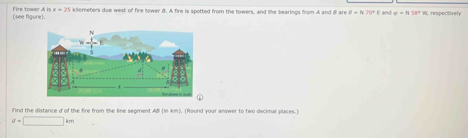 Fire tower A is x=25 kilometers due west of fire tower B. A fire is spotted from the towers, and the bearings from A and B are θ =N70°E
(see figure). and varphi =N58°W , respectively 
① 
Find the distance d of the fire from the line segment AB (in km). (Round your answer to two decimal places.)
d=□ km