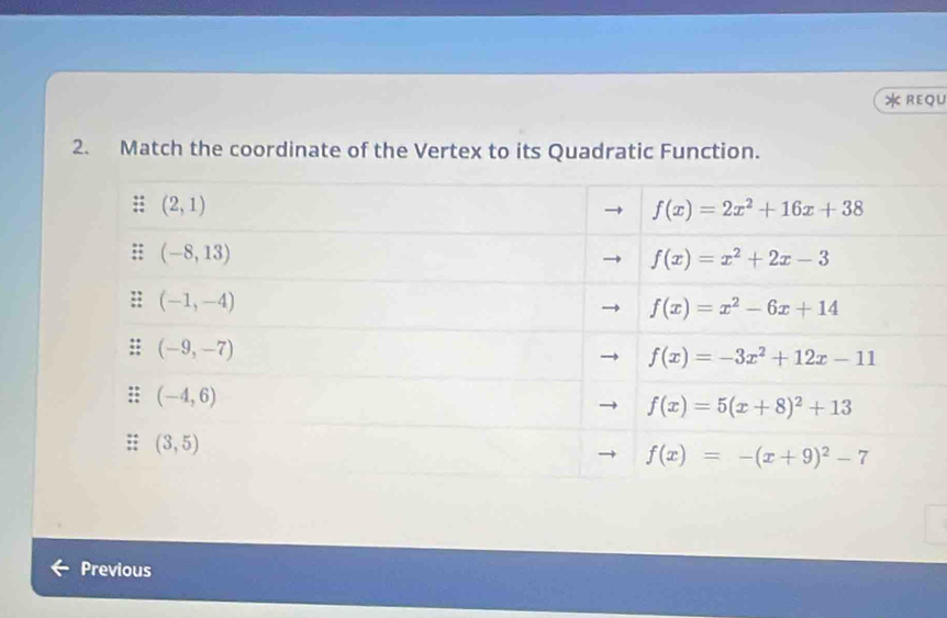 REQU
2. Match the coordinate of the Vertex to its Quadratic Function.
Previous