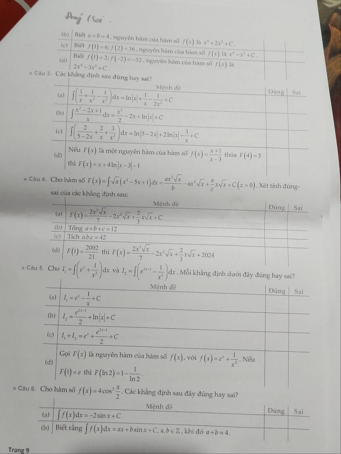 Biết a=b=4 , nguyên hàm của hàm số f(x) là x^4+2x^2+C.
(c) Biết f(1)=6;f(2)=36 , nguyên hàm của hàm số f(x) là x^4-x^2+C.
Biết
(d) f(1)=2;f(-2)=-52 , nguyên hàm của hàm số f(x) là
2x^4-3x^2+C.
Cầu 3. Các khẳng định sau
» Câu 4. Cho hàm số F(x)=∈t sqrt(x)(x^2-5x+1)dx= ax^3sqrt(x)/b -ax^2sqrt(x)+ a/c xsqrt(x)+C(x>0). Xét tính đúng-
sai của các khẳng định sau:
» Cho I_1=∈t (e^x+ 1/x^2 ) dx và I_2=∈t (e^(2x-1)- 1/x^2 )dx dr . Mỗi khẳng định dưới đây đúng
» C f(x)=4cos^2 x/2 . Các khẳng định sau đây đúng hay sai?
Trang 9