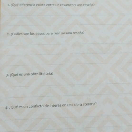 ¿Qué diferencia existe entre un resumen y una reseña? 
2. ¿Cuáles son los pasos para realizar una reseña? 
3- ¿Qué es una obra literaria? 
4. ¿Qué es un conflicto de interés en una obra literaria?