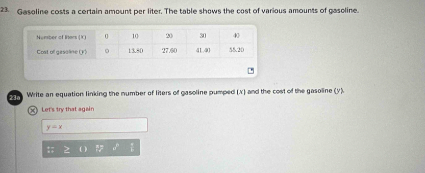 Gasoline costs a certain amount per liter. The table shows the cost of various amounts of gasoline. 
23a Write an equation linking the number of liters of gasoline pumped (x) and the cost of the gasoline (y). 
x Let's try that again
y=x
 1/2  a^b  a/b 