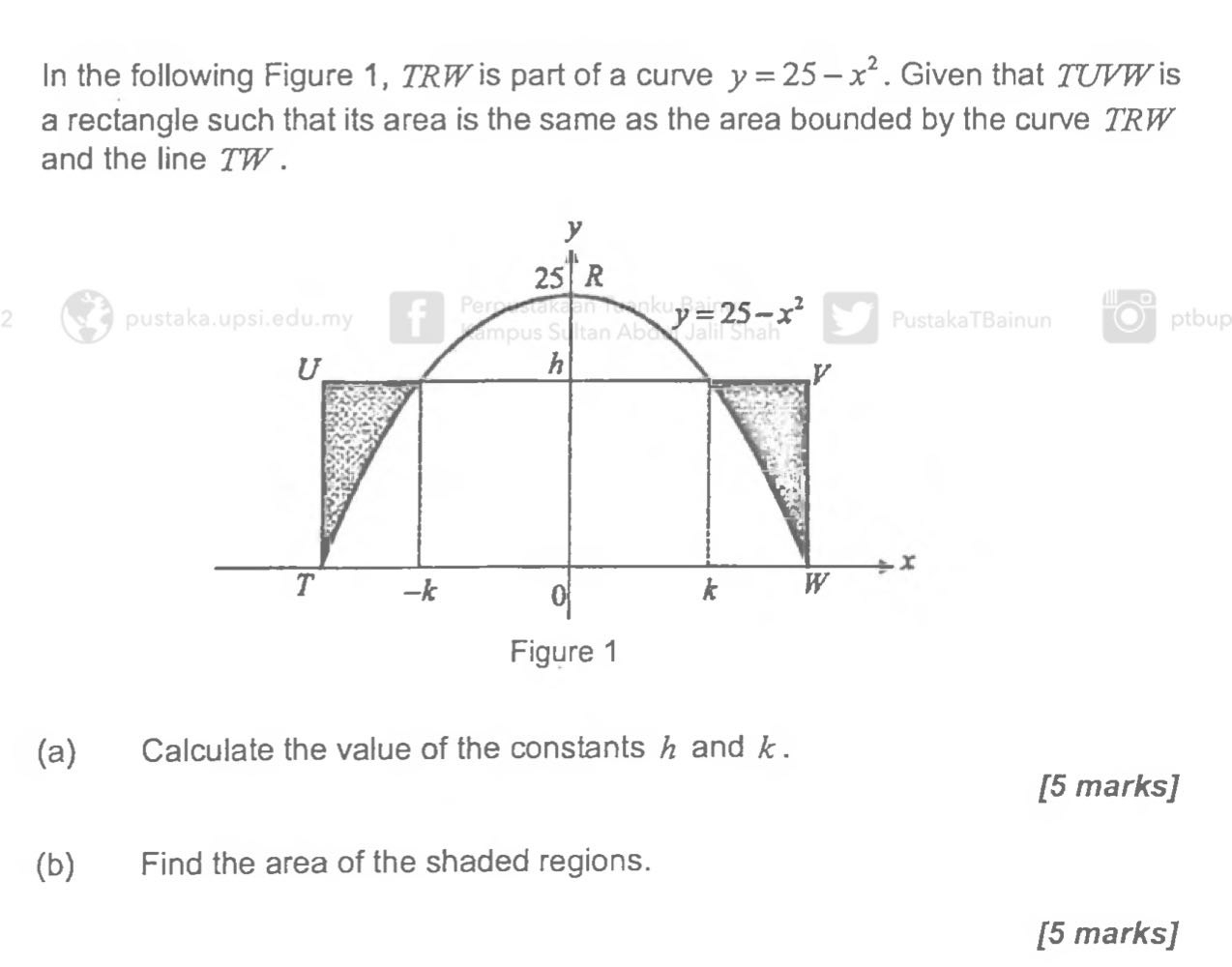 In the following Figure 1, TRW is part of a curve y=25-x^2. Given that TUVW is
a rectangle such that its area is the same as the area bounded by the curve TRW
and the line TW .
2 pustaka.upsi.edu.myinun ptbup
(a) Calculate the value of the constants h andk .
[5 marks]
(b) Find the area of the shaded regions.
[5 marks]