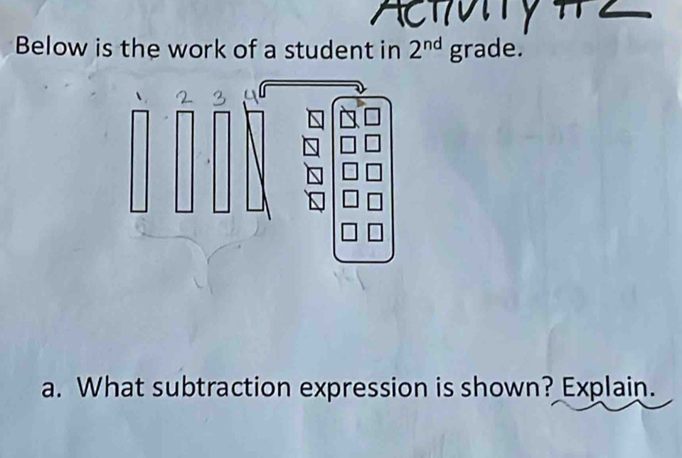 Below is the work of a student in 2^(nd) grade. 
a. What subtraction expression is shown? Explain.