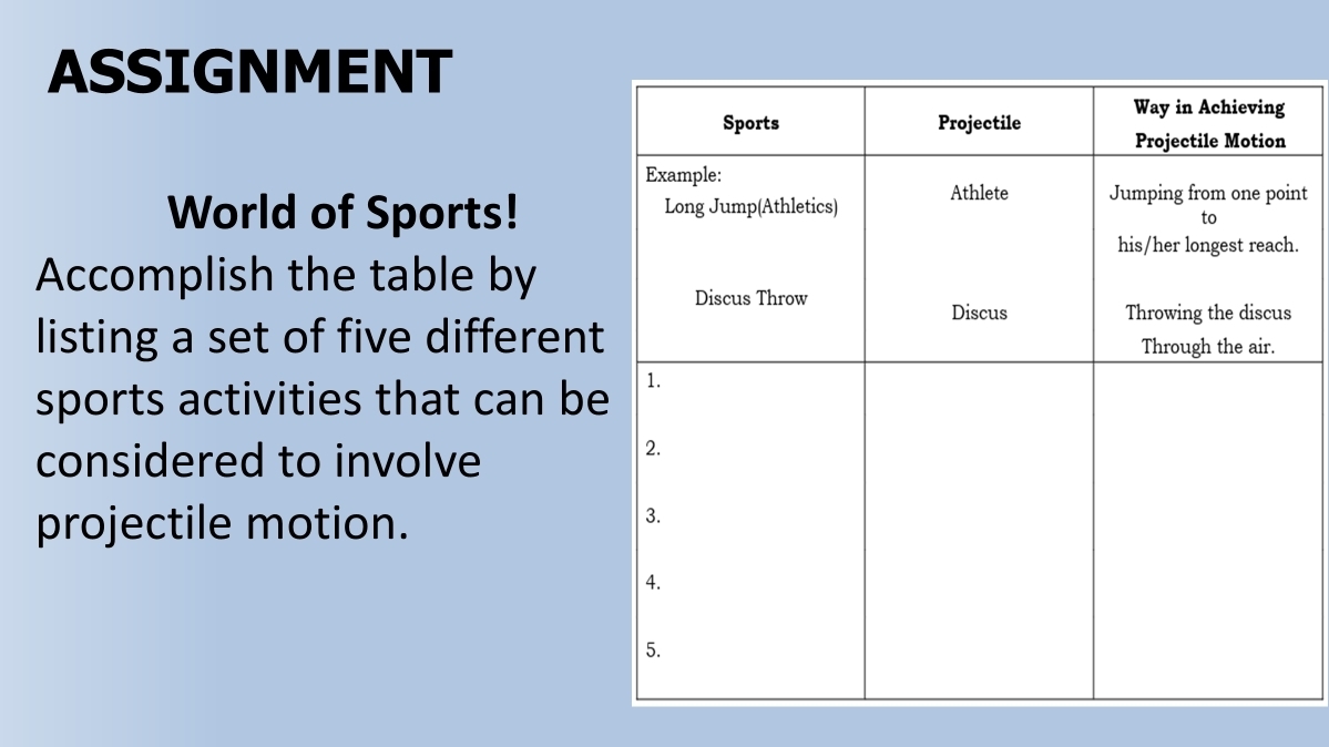 ASSIGNMENT 
World of Sports! nt 
. 
Accomplish the table by 
listing a set of five different 
sports activities that can be 
considered to involve 
projectile motion.