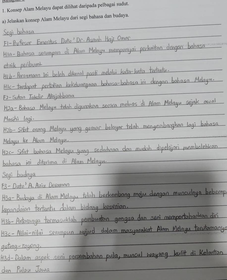 Segi bahasa 
_ 
F1-Profesor Emeridus Dato' Dr. Asmah Haji Oman 
Hla-Bahasa serumpun di Alam Melayu mempunyai perkaitan dengan bahasa 
etrik peribumi. 
_ 
41b-Persamaan ini boleh dikenal pasti melalui kata-kata tertentu. 
Hic-tendapat pertalian kekeluargaan bahasa-bahasa ini dengan bahasa Melayu. 
F2- Suran Takdir Alisjabbana 
Hza- Bahasa Melayu telah digunakan secara meluas di Alam Melayu sejak awal 
Masihi lagi. 
H2b- Sifat orang Melayu yong gemar belayar telah mengembangkan lagi bahasa 
Melayu ke Alam Melagu. 
H2c- Sifat bahasa Melayu yong sederhana dan mudah dipelajan membolehkan 
bahasa ini diterima di Alam Melayu. 
Segi budaya 
13- Dato' A. Aziz Deraman 
H3a- Budaya di Alam Melayu telah berkembang maju dengan munculnya bebecap 
kepandaian textentu dalam bidang kesenian. 
Hi3b- Antaranya termasuklab pembuatan gangsa dan seni mempertahankan diri 
A3c-Nilai-nilai seumpun wujud dalam masyarakat Alam Melayu tecutamany 
gotong-royong. 
A3d-Dalam aspek seni persembahan pula, muncul wayang kulit di Kelantan 
dan Pulau Jawa