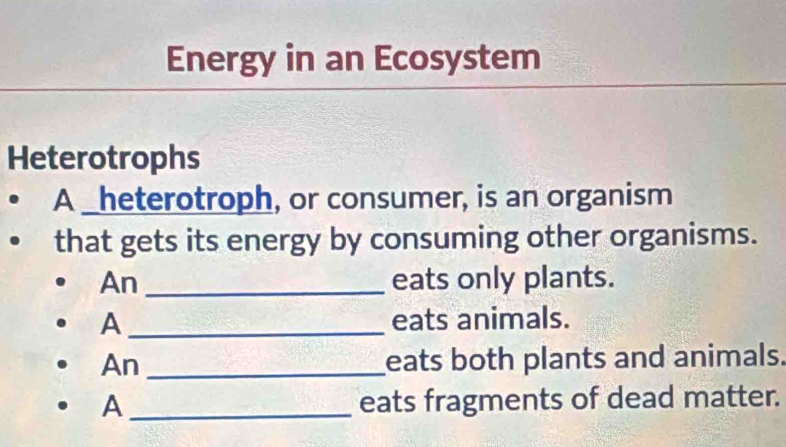 Energy in an Ecosystem 
Heterotrophs 
A _heterotroph, or consumer, is an organism 
that gets its energy by consuming other organisms. 
An _eats only plants. 
A _eats animals. 
An _eats both plants and animals. 
A _eats fragments of dead matter.