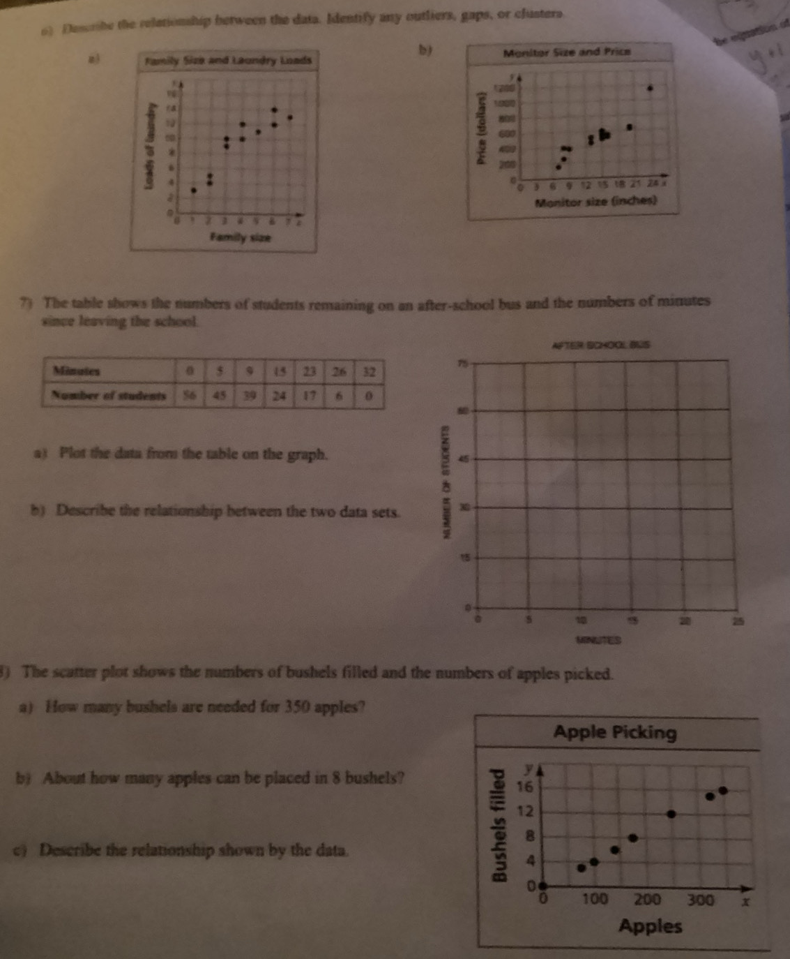 o1 Describe the relationship hetween the data. Identify any outliers, gaps, or clusters 
a 
zì amily Size and Laundry Loads 
= 10
*
4
2 , z B 7 z
Family size 
7) The table shows the numbers of students remaining on an after-school bus and the numbers of minutes
since leaving the school. 
a) Plot the data from the table on the graph. 
b) Describe the relationship between the two data sets. 
8) The scatter plot shows the numbers of bushels filled and the numbers of apples picked. 
a) How many bushels are needed for 350 apples? 
Apple Picking 
b) About how many apples can be placed in 8 bushels?
y
16
12
8
c) Describe the relationship shown by the data.
4
0 100 200 300 x
Apples