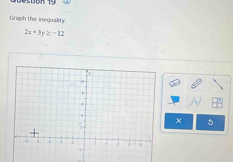 Graph the inequality.
2x+3y≥ -12
× 
. 4