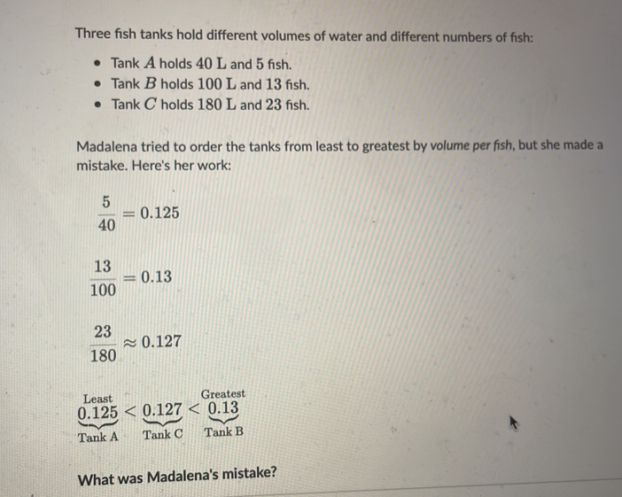 Three fish tanks hold different volumes of water and different numbers of fish: 
Tank A holds 40 L and 5 fish. 
Tank B holds 100 L and 13 fish. 
Tank C holds 180 L and 23 fish. 
Madalena tried to order the tanks from least to greatest by volume per fish, but she made a 
mistake. Here's her work:
 5/40 =0.125
 13/100 =0.13
 23/180 approx 0.127
Least Greatest
0.125<0.127<0.13
Tank A Tank C Tank B 
What was Madalena's mistake?