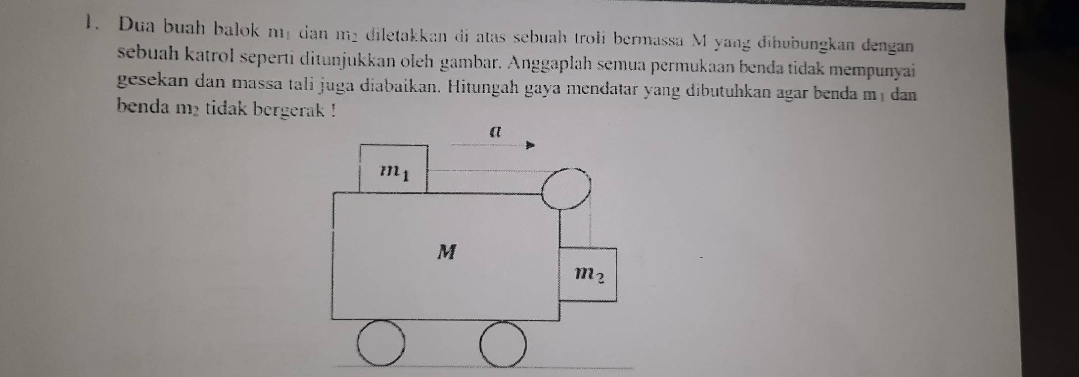 Dua buah balok m dan m² diletakkan di atas sebuah troli bermassa M yang đihubungkan dengan
sebuah katrol seperti ditunjukkan oleh gambar. Anggaplah semua permukaan benda tidak mempunyai
gesekan dan massa tali juga diabaikan. Hitungah gaya mendatar yang dibutuhkan agar benda mị dan
benda m2 tidak bergerak !