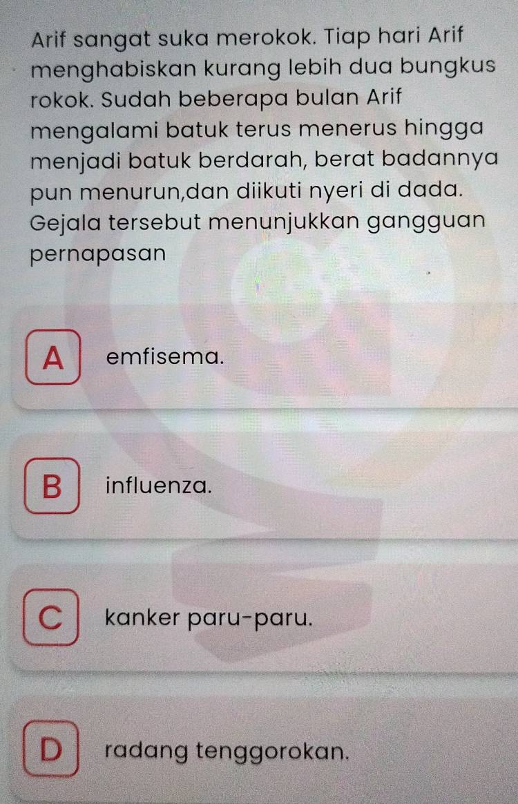 Arif sangat suka merokok. Tiap hari Arif
menghabiskan kurang lebih dua bungkus
rokok. Sudah beberapa bulan Arif
mengalami batuk terus menerus hingga 
menjadi batuk berdarah, berat badannya
pun menurun,dan diikuti nyeri di dada.
Gejala tersebut menunjukkan gangguan
pernapasan
A emfisema.
B . ₹influenza.
C kanker paru-paru.
D radang tenggorokan.