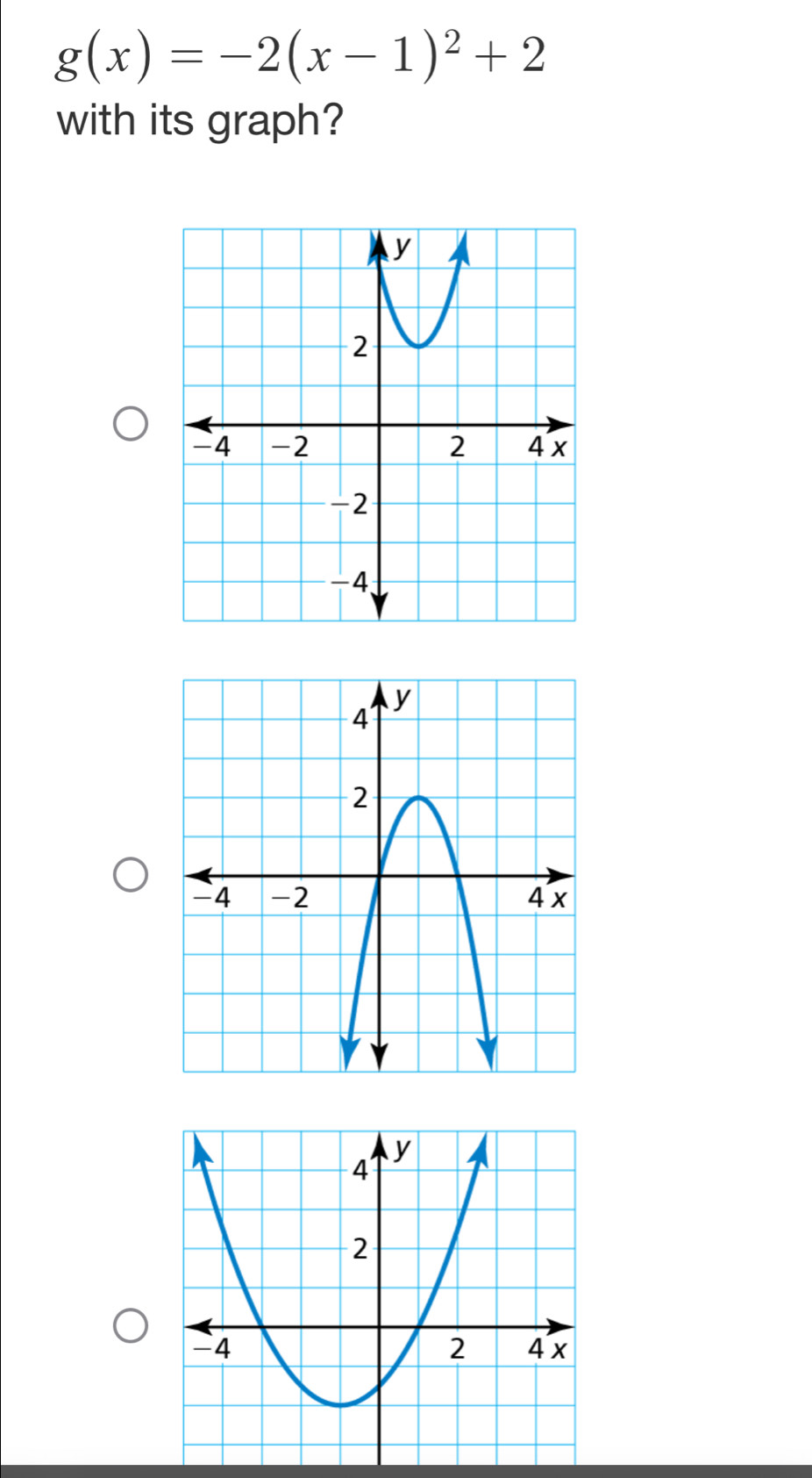 g(x)=-2(x-1)^2+2
with its graph?