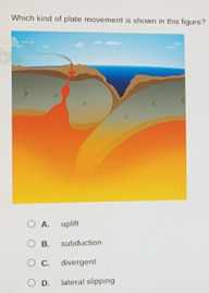 Which kind of plate movement is shown in this figure?
A. uplift
B. subduction
C. divergent
D. lateral slipping