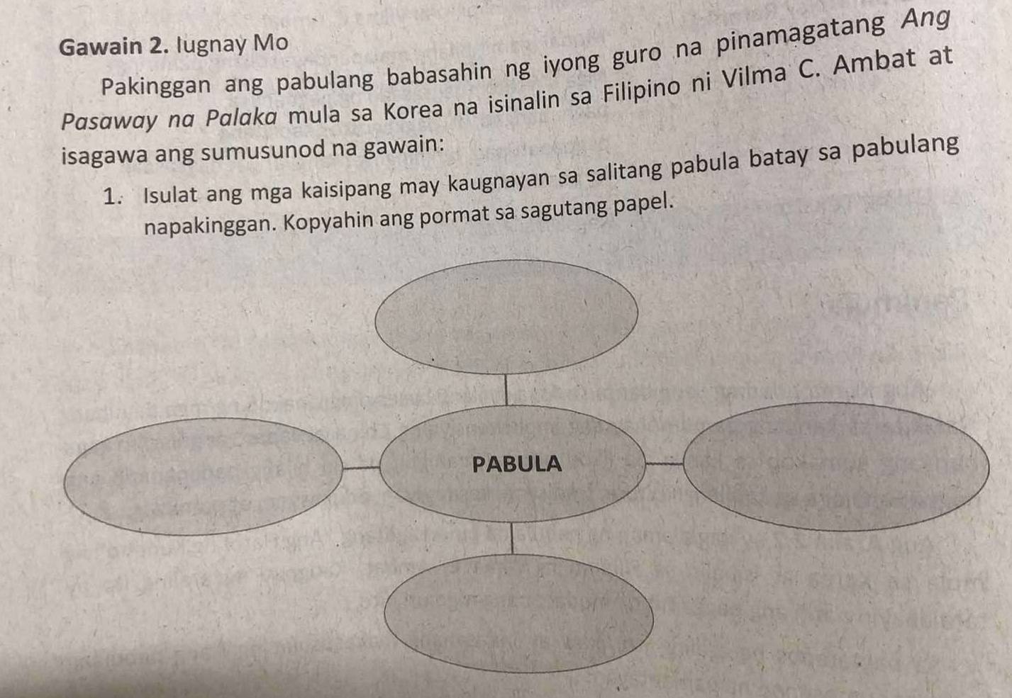 Gawain 2. lugnay Mo 
Pakinggan ang pabulang babasahin ng iyong guro na pinamagatang Ang 
Pαsαwαy nα Pαlαka mula sa Korea na isinalin sa Filipino ni Vilma C. Ambat at 
isagawa ang sumusunod na gawain: 
1. Isulat ang mga kaisipang may kaugnayan sa salitang pabula batay sa pabulang 
napakinggan. Kopyahin ang pormat sa sagutang papel.