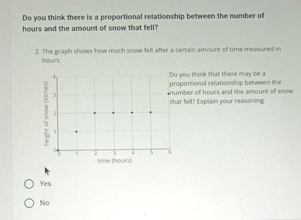 Do you think there is a proportional relationship between the number of
hours and the amount of snow that fell?
2. The graph shows how much snow fell after a certain amount of time measured in
hours.
4 Do you think that there may be a
proportional relationship between the
3 number of hours and the amount of snow
that fell? Explain your reasoning.
2
1
0 1 2 3 4 5 6
time (hours)
Yes
No