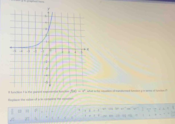 is graphed here . 
If function / is the parent exponential function f(x)=e^x , what is the equation of transformed function g in terms of function !? 
Replace the value of a to complete the equation. 
 □ /□   (0) |a| 0° + = π a 6 9 sin COS tan x:n cos^(-1)tan^(-1) O sumlimits
sqrt(□ ) sqrt[□](□ ) □ _□  × < > 2 4 CSC sec cot o a