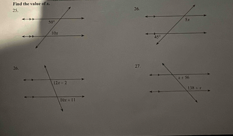 Find the value of x.
25.26.
26.
27.