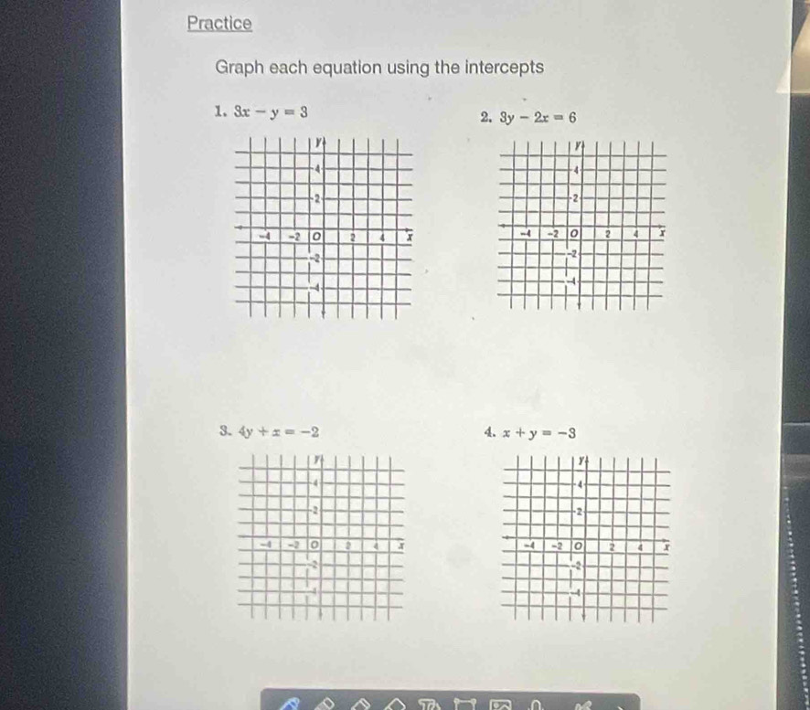 Practice 
Graph each equation using the intercepts 
1. 3x-y=3
2. 3y-2x=6

3. 4y+x=-2 4. x+y=-3
