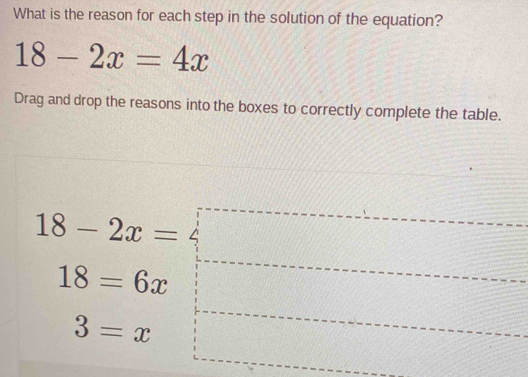 What is the reason for each step in the solution of the equation?
18-2x=4x
Drag and drop the reasons into the boxes to correctly complete the table.
18-2x=
18=6x
3=x