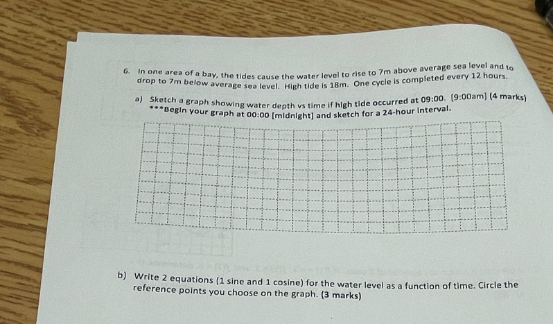 In one area of a bay, the tides cause the water level to rise to 7m above average sea level and to 
drop to 7m below average sea level. High tide is 18m. One cycle is completed every 12 hours. 
a) Sketch a graph showing water depth vs time if high tide occurred at 09:00 [9:00a m] (4 marks) 
**Begin your graph at 0 D: 00 [midnight] and sketch for a 24-hour interval. 
b) Write 2 equations (1 sine and 1 cosine) for the water level as a function of time. Circle the 
reference points you choose on the graph. (3 marks)