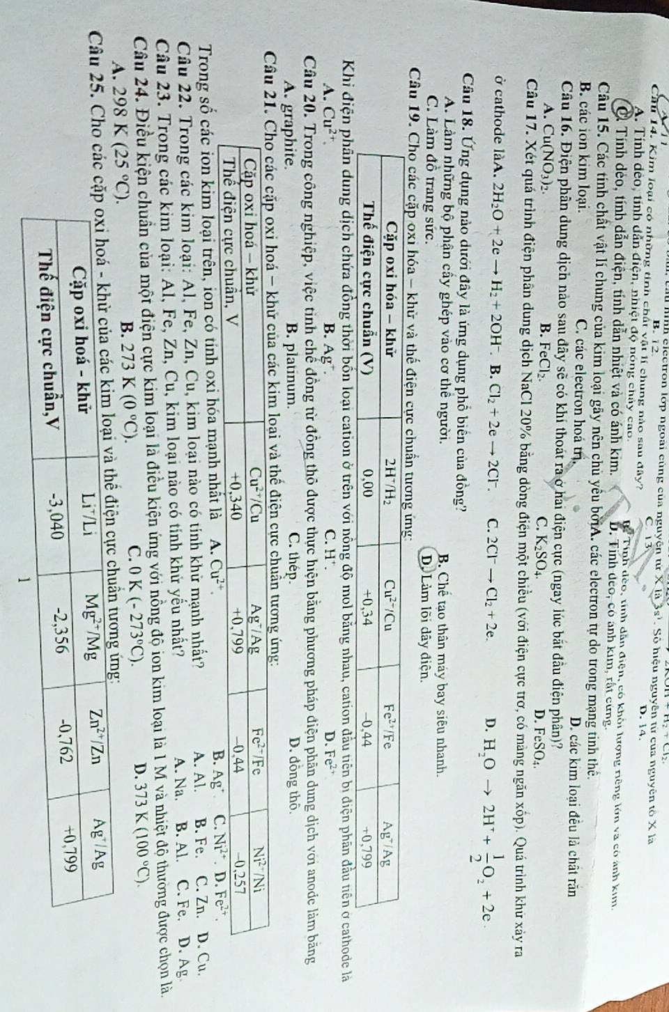 hnh electron lớp ngoài cùng của nguyên từ X là 3s'. Số hiệu nguyên từ của nguyên tố X là
B.  12 D. 14.
C 13
Cầu 14. Kim loại có những tính chất vật lí chung nào sau đây?
A. Tính đếo, tính dẫn điện, nhiệt độ nóng chảy cao. B: Tính đèo, tính dẫn điện, có khối lượng riêng lớn và có ảnh kim.
C Tính dẻo, tính dẫn điện, tính dẫn nhiệt và có ánh kim. D. Tinh dẻo, có ảnh kim, rất cứng.
Câu 15. Các tính chất vật lí chung của kim loại gây nên chủ yêu bởiA. các electron tự do trong mạng tinh thể.
B. các ion kim loại. C. các electron hoá trị D. các kim loại đều là chất răn
Câu 16. Điện phân dung dịch nào sau đây sẽ có khí thoát ra ở hai điện cực (ngay lúc bắt đầu điện phân)?
A. Cu(NO_3)_2. B. Fe Cl_2. C. K_2SO_4. D. FeSO_4.
Câu 17. Xét quá trình điện phân dung dịch NaCl 20% bằng dòng điện một chiều (với điện cực trơ, có màng ngăn xốp). Quá trình khử xây ra
ở cathode làA. 2H_2O+2eto H_2+2OH^-. B Cl_2+2eto 2Cl^-. C. 2Cl^-to Cl_2+2e. H_2Oto 2H^++ 1/2 O_2+2e·
D.
Câu 18. Ứng dụng nào dưới đây là ứng dụng phổ biển của đồng?
A. Làm những bộ phận cầy ghép vào cơ thể người. B Chế tạo thân máy bay siêu nhanh.
C. Làm đồ trang sức. D. Lảm lõi dây điện.
Câu 19. Cho các cặp oxi hóa - khử và thế điện cực chuẩn tư
Khi điện phân dung dịch chứa đồng thời bốn loại cation ở trên với nông độ mol bằng nhau, cation đầu tiên bị điện phân đầu tiên ở cathode là
A. Cu^(2+). B. Ag¯ C. H^+. D. Fe^(2+)
Câu 20. Trong công nghiệp, việc tình chế đồng từ đồng thô được thực hiện bằng phương pháp điện phân dung dịch với anodc làm bằng
A. graphite. B. platinum. C. thép. D. đông thô.
Câu hoá - khử của các kim loại và thể điện cực chuẩn tương ứng:
Trong số các ion kim loại trên, ion có tính oxi hóa mạnh nhất là A. D. Cu.
Câu 22. Trong các kim loại: Al, Fe, Zn, Cu, kim loại nào có tính khử mạnh nhất?
A. Al. B. Fe.
Câu 23. Trong các kim loại: Al, Fe, Zn, Cu, kim loại nào có tính khử yểu nhất? A. Na. B. Al. C. Fe. D. Ag
Câu 24. Điều kiện chuẩn của một điện cực kim loại là điều kiện ứng với nồng độ ion kim loại là 1 M và nhiệt độ thường được chọn là.
A. 298K (25°C). 273K(0°C). 0K(-273°C). D. 373K(100°C).
B.
C.
Câu 25. Cho cá