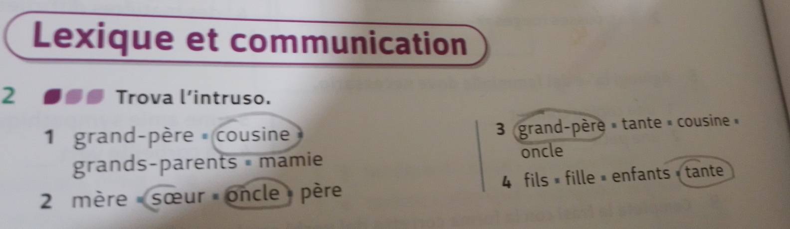 Lexique et communication 
2 Trova l’intruso. 
1 grand-père cousine 
3 grand-père » tante » cousine » 
grands-parents • mamie oncle 
2 mère sœur oncle père 4 fils × fille » enfants » tante