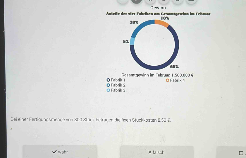 Gewinn
Anteile der vier Fabriken am Gesamtgewinn im Februar
Gesamtgewinn im Februar: 1.500.000 €
O Fabrik 1 O Fabrik 4
O Fabrik 2
。 Fabrik 3
Bei einer Fertigungsmenge von 300 Stück betragen die fixen Stückkosten 8,50 €.
wahr falsch