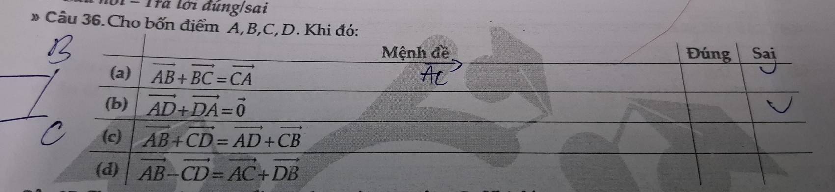 − Tra lới đùng/sai
Câu 36.Cho bốn điểm A,B,C,D. Khi đó: