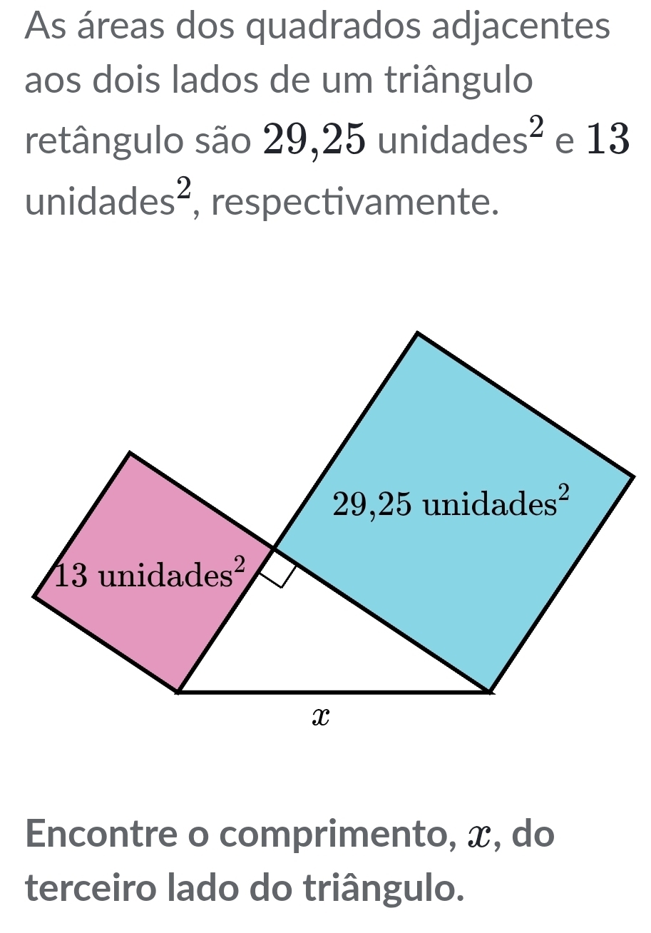 As áreas dos quadrados adjacentes
aos dois lados de um triângulo
retângulo são 29,25 unidad es^2 e 13
unida des^2 , respectivamente.
Encontre o comprimento, x, do
terceiro lado do triângulo.