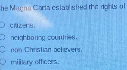 he Magna Carta established the rights of
citizens.
neighboring countries.
non-Christian believers.
military officers.