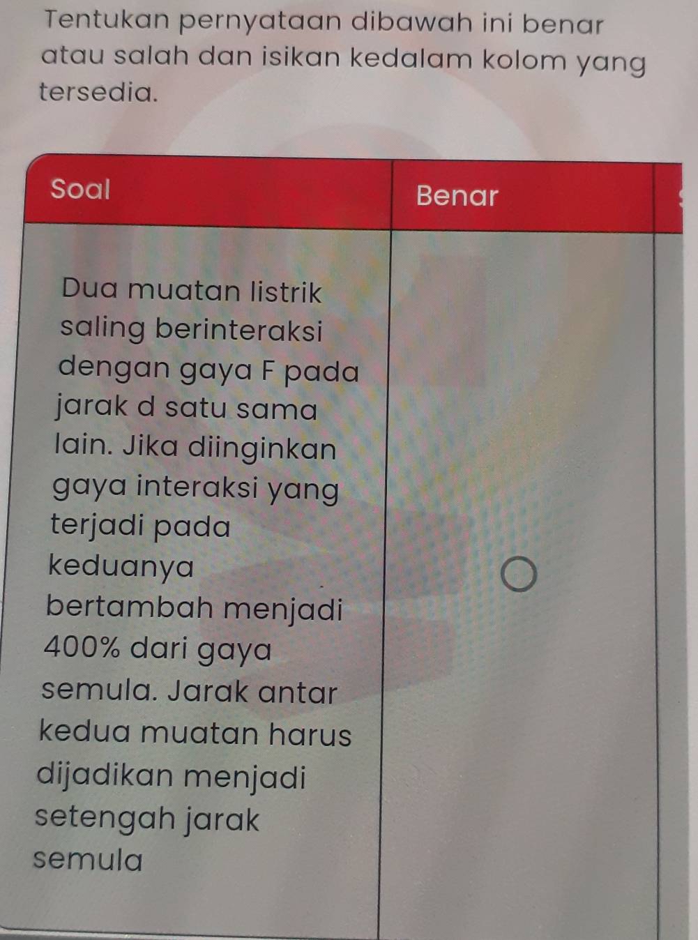 Tentukan pernyataan dibawah ini benar 
atau salah dan isikan kedalam kolom yang 
tersedia. 
Soal Benar 
Dua muatan listrik 
saling berinteraksi 
dengan gaya F pada 
jarak d satu sama 
lain. Jika diinginkan 
gaya interaksi yang 
terjadi pada 
keduanya 
bertambah menjadi
400% dari gaya 
semula. Jarak antar 
kedua muatan harus 
dijadikan menjadi 
setengah jarak 
semula