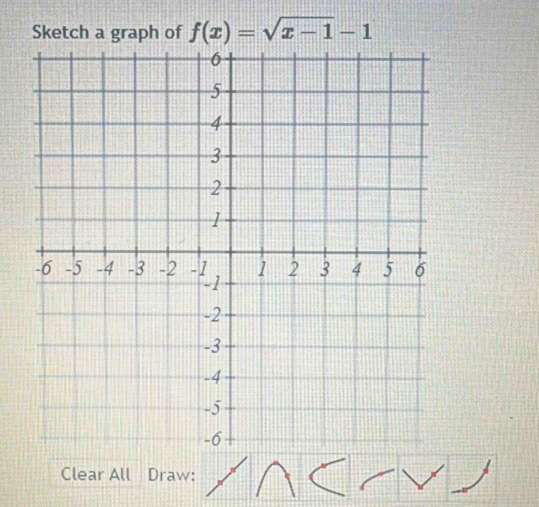 Sketch a graph of f(x)=sqrt(x-1)-1
Clear All Draw: