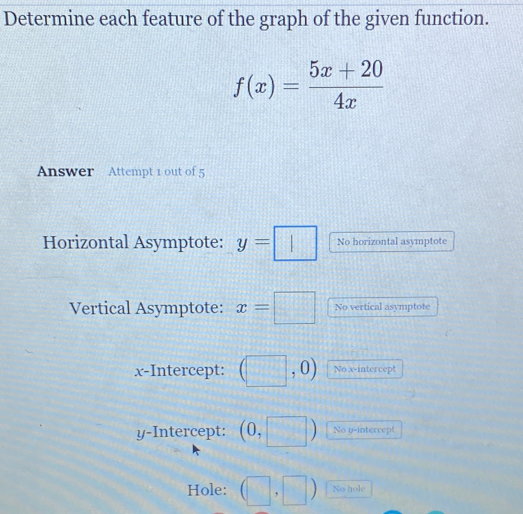 Determine each feature of the graph of the given function.
f(x)= (5x+20)/4x 
Answer Attempt 1 out of 5 
Horizontal Asymptote: y=□ No horizontal asymptote 
Vertical Asymptote: x=□ No vertical asymptote 
x-Intercept: (□ 7 No x-intercept 
y-Intercept: (0,□ ) No y-intercept 
Hole: (□ ,□ ) No hole