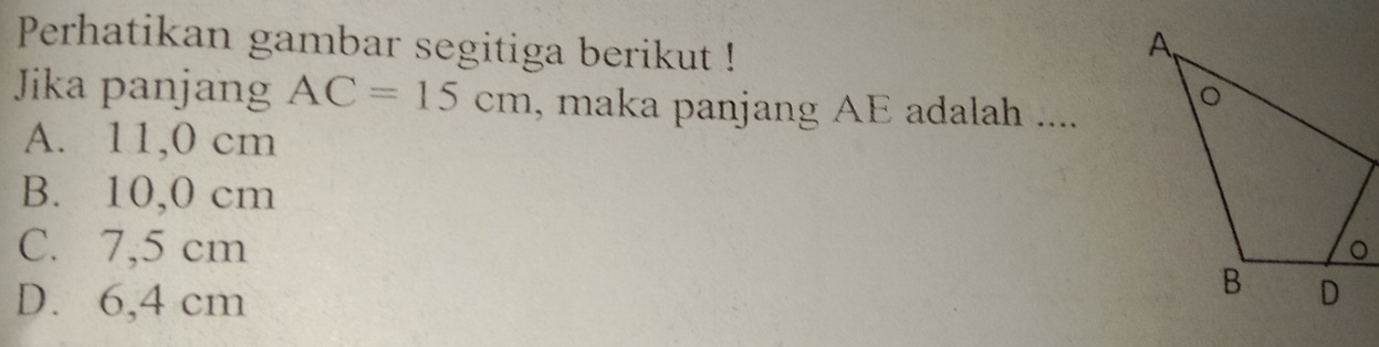 Perhatikan gambar segitiga berikut !
Jika panjang AC=15cm , maka panjang AE adalah ....
A. 11,0 cm
B. 10,0 cm
C. 7,5 cm
D. 6,4 cm