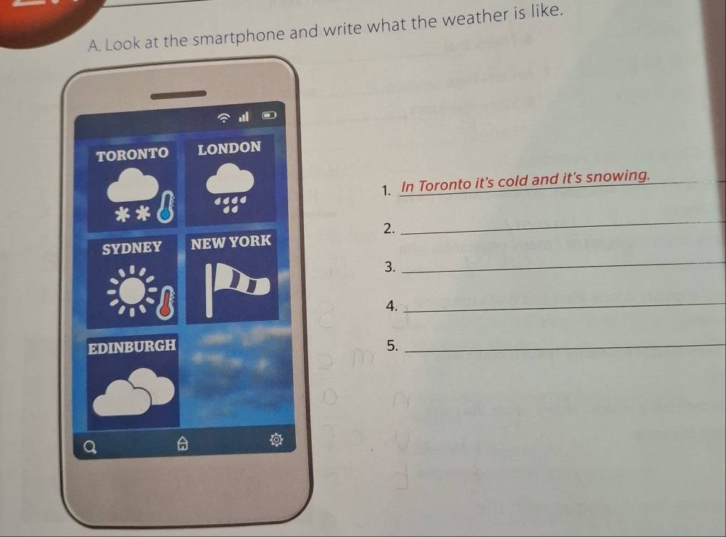 ook at the smartphone and write what the weather is like. 
1. In Toronto it's cold and it's snowing. 
2. 
_ 
3. 
_ 
4. 
_ 
5._