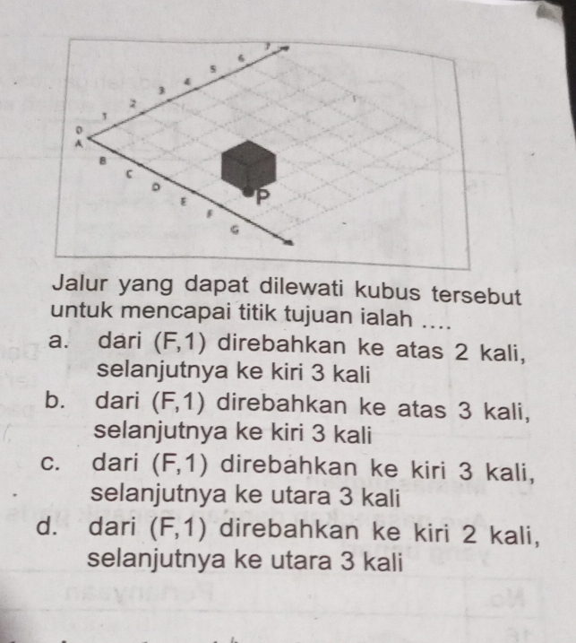 6
s
2
1
0
A
B
C
。
E P
G
Jalur yang dapat dilewati kubus tersebut
untuk mencapai titik tujuan ialah ....
a. dari (F,1) direbahkan ke atas 2 kali,
selanjutnya ke kiri 3 kali
b. dari (F,1) direbahkan ke atas 3 kali,
selanjutnya ke kiri 3 kali
c. dari (F,1) direbahkan ke kiri 3 kali,
selanjutnya ke utara 3 kali
d. dari (F,1) direbahkan ke kiri 2 kali,
selanjutnya ke utara 3 kali