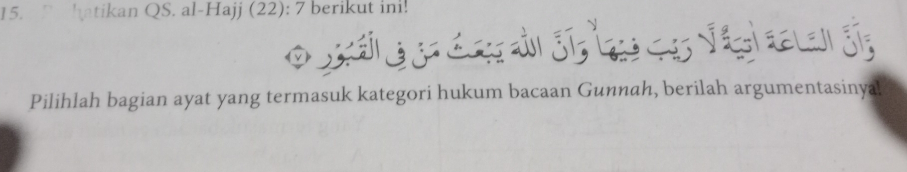 hatikan QS. al-Hajj (22): 7 berikut ini! 
Pilihlah bagian ayat yang termasuk kategori hukum bacaan Gunnah, berilah argumentasinya!