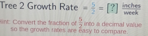 Tree 2 Growth Rate = 5/2 =[?] inches/week 
Hint: Convert the fraction of  5/2  into a decimal value 
so the growth rates are easy to compare.