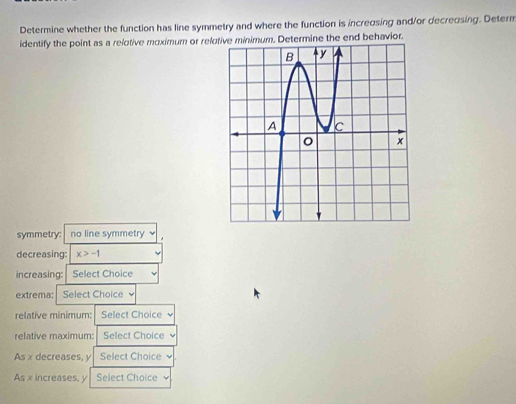 Determine whether the function has line symmetry and where the function is increusing and/or decreusing. Detern 
identify the point as a relotive moximum or relutive minimum. Determine the end behavior. 
symmetry: no line symmetry 
decreasing: x>-1
increasing: Select Choice 
extrema: Select Choice 
relative minimum: Select Choice - 
relative maximum: Select Choice 
As x decreases, y Select Choice 
As x increases, y Select Choice