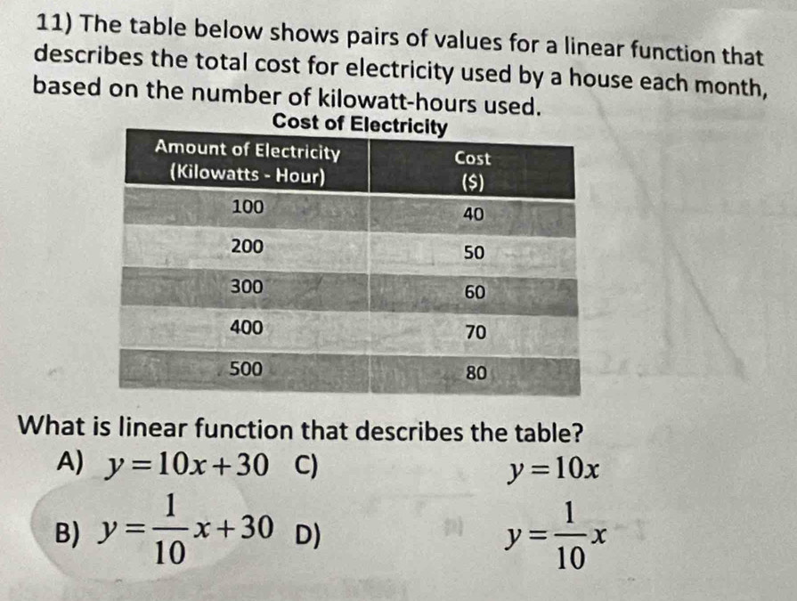 The table below shows pairs of values for a linear function that
describes the total cost for electricity used by a house each month,
based on the number of kilowatt-hours used.
What is linear function that describes the table?
A) y=10x+30 C) y=10x
B) y= 1/10 x+30 D) y= 1/10 x