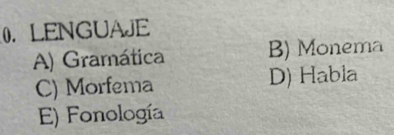 LENGUAJE
A) Gramática B) Monema
C) Morfema D) Habla
E) Fonología