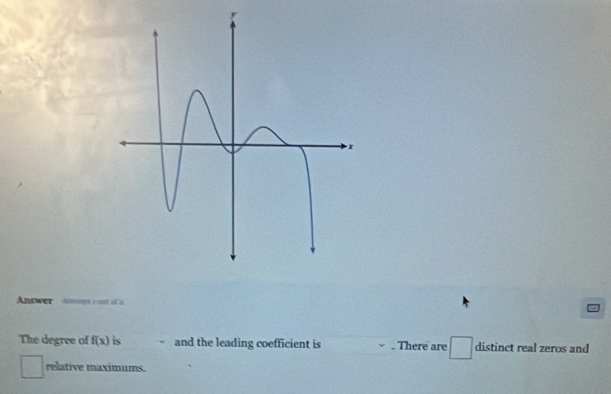 y
Answer 
The degree of f(x) is and the leading coefficient is . There are distinct real zeros and 
relative maximums.